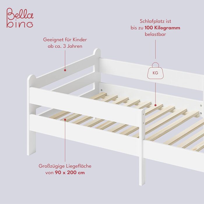 Bellabino Kinderbett Kuru 90x200, Single bed for children incl. fall guard and slatted frame, white children's bed, bed for boys and girls without drawers White