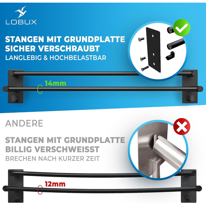 Тримач для рушників без свердління, нержавіюча сталь, чорний - з двома гачками, 80 см, для ванної кімнати, душової кабіни, кухні