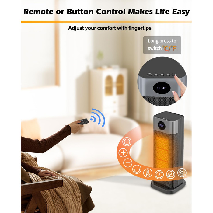 Електричний обігрівач PTC 2000W з термостатом, дистанційним керуванням, таймером та захистом від перегріву. Обігрівач для дому, офісу, спальні.