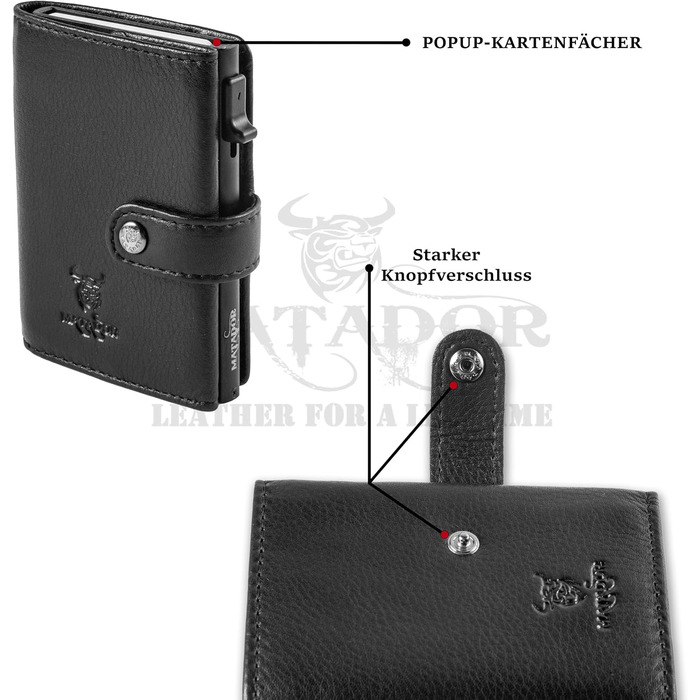 Гаманець Matador Slim Miami RFID захист – шкіряний картхолдер з механізмом висування карт, міні-гаманець чоловічий з монетником, Nappa чорний