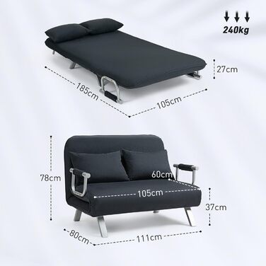 HOMCOM Convertible Sofa Bed with Adjustable Backrest, Throw Pillows, and Armrests