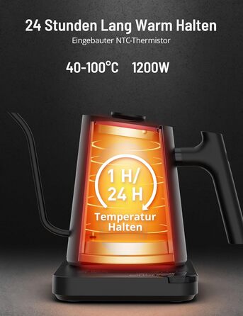 PARIS RHÔNE Swan Neck Kettle - 0.9L Temperature Control Kettle with Indicator, Knob, and 24-Hour Keep Warm Function - Dark Green