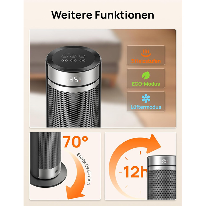 Електричний обігрівач Dreo 23 дюйми, 2000 Вт, тихий, з пультом керування, таймером 12 годин, 70° коливанням, 5 режимів, PTC кераміка з термостатом, для великих приміщень, офісу, срібний