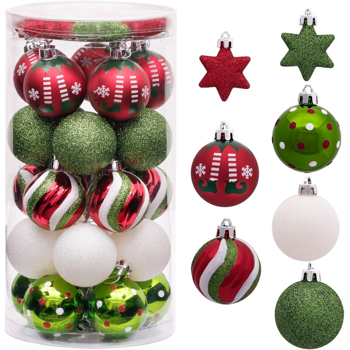 Набір ялинкових прикрас Victor's Workshop 35 шт. 5 см, пластикові кулі, червоно-зелено-білий декор для ялинки