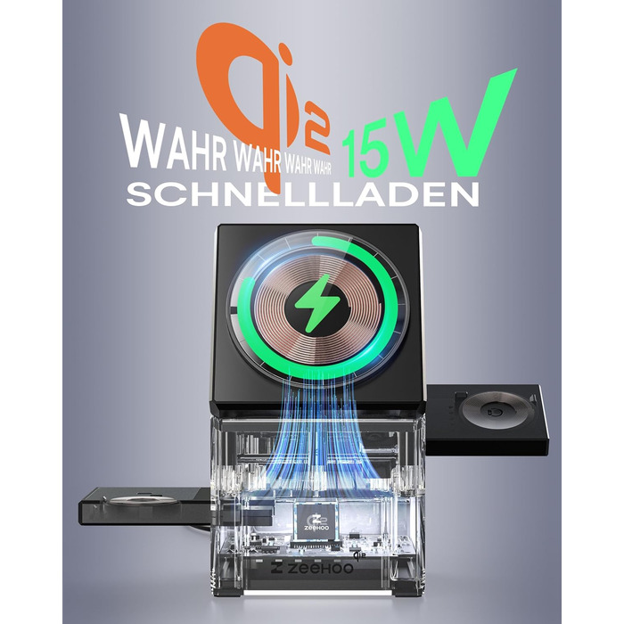 ZEEHOO Зарядна станція 3 в 1 для Apple MagSafe, iPhone 16/15/14/13/12, Apple Watch та AirPods (30W USB-C), Чорний