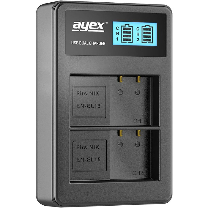 Зарядний пристрій Ayex USB сумісний з акумуляторами Nikon EN-EL15 для Z7 II, Z6 II, Z5, D850, D780, D750, D600. Зарядка через USB-C (з ноутбука, powerbank) з LCD-індикатором рівня заряду. Комплект: зарядний пристрій EN-EL15 (подвійний) + акумулятори