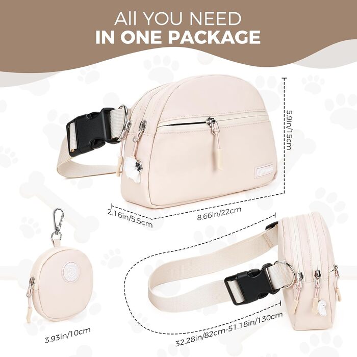 Сумка для дресирування собак Leckerlibeutel, з невеликим кишеньковим мішечком, вбудованим диспенсером для собачих екскрементів та тримачем для пакетів, кремового кольору