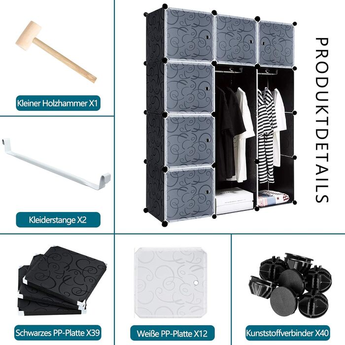 Wardrobe, Plastic Wardrobe, DIY Cube Wardrobe 20 Cubes, Shelving System Bedroom Wardrobe – Black, (105 x 35 x 140 cm)