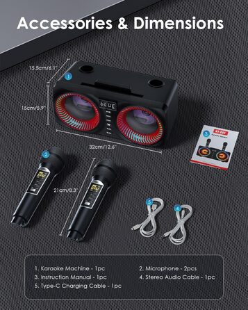 Караоке система All-in-One з Bluetooth, 2 мікрофонами та акустикою 30W, для вечірок (Red2)