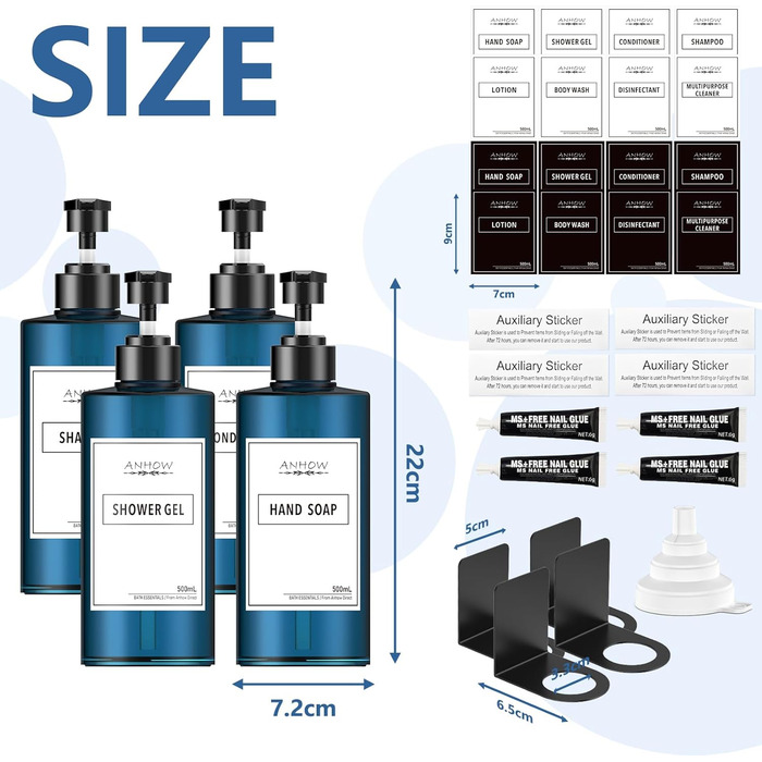 Набір дозаторів для мила на стіну 4er, блакитний (500 мл) - без свердління, з наліпками для душу/кухні/ванної кімнати