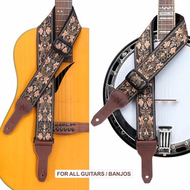 Гітарний ремінь Nefelibata Banjo-Gurt, 5,1 см, повна шкіра з нубуку, вишивка золотими квітами