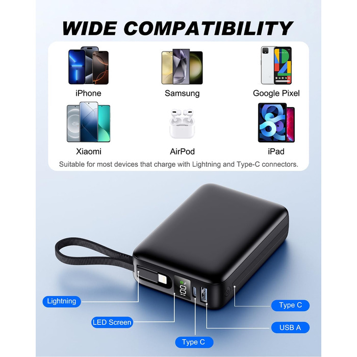 Power Bank 26800mAh: Портативний акумулятор з двома портами та кабелями, сумісний з iPhone та Android