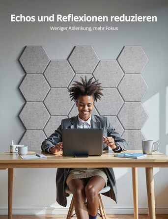 Акустичні гексагональні панелі самоклеючі, 12 шт, звукопоглинаючі шестикутні плити для студії, вітальні, геймерської зони та офісу, сірі (30 x 26 x 0,9 см)