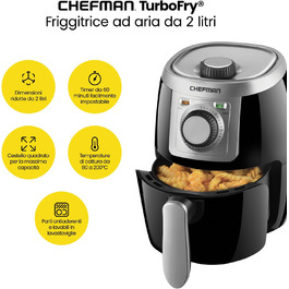 Фритюрниця Chefman 2L Mini – компактна, чорна, з антипригарним кошиком, цифровим таймером та індикатором струсу