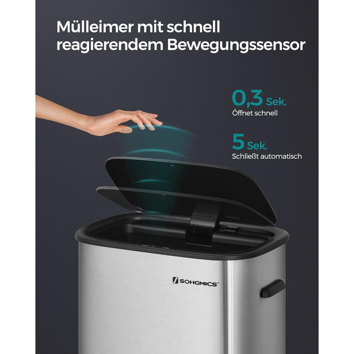 Відро для сміття SONGMICS з датчиком 50л, з м'яким закриттям, з нержавіючої сталі, з кільцем для пакетів, срібне (LTB610E50)