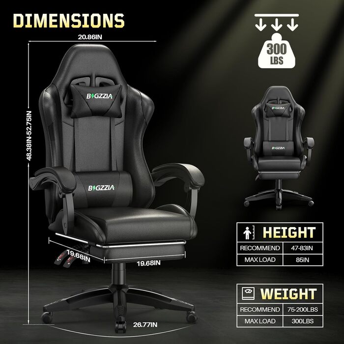 Ігрове крісло Bigzzia Ergonomic Gaming Stuhl з підніжкою та функцією масажу, чорне