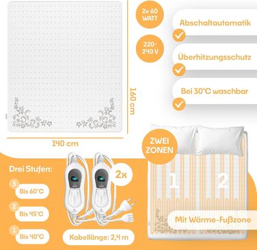 Електрична ковдра KESSER® з автовимкненням та пультом керування | Ковдра з 3 рівнями нагріву | Підігрівач для ліжка, матрацу | Тепла ковдра з м'якого флісу, білий колір - без візерунка (160 x 140 см)
