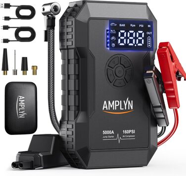 Пусковий пристрій для авто (Бустер) з компресором 160 PSI, 5000A, 12V, портативний Jump Starter для бензинових та дизельних двигунів (до 10л), Type-C, ліхтарик
