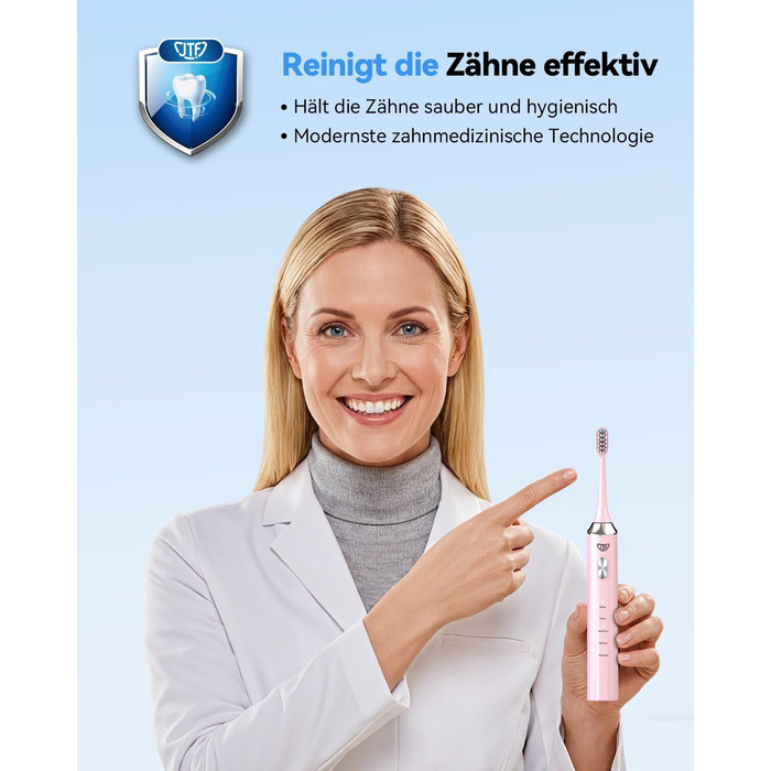 Електрична звукова зубна щітка JTF з УФ-дезінфекцією та сушінням, бездротова зарядка, 5 режимів чищення, 6 насадок, стаканчик, акумуляторна для дому та подорожей (Рожева)