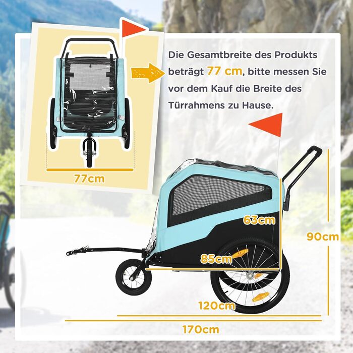 PawHut 2-в-1: Причіп для собак, велосипедний причіп для собак, візок для собак з відбивачами, до 30 кг, для великих собак, Оксфордська тканина, блакитний