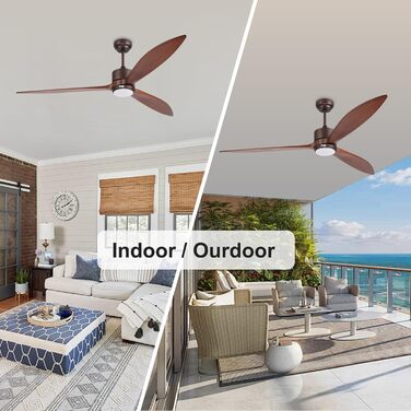 Стеляний вентилятор Reiga з підсвічуванням, 165 см, масивне дерево для зовнішнього використання IP44, диммована LED-лампа та DC-двигун, сумісний з Alexa & Google Home з пультом керування, дерев'яні лопаті, колір: коричневий