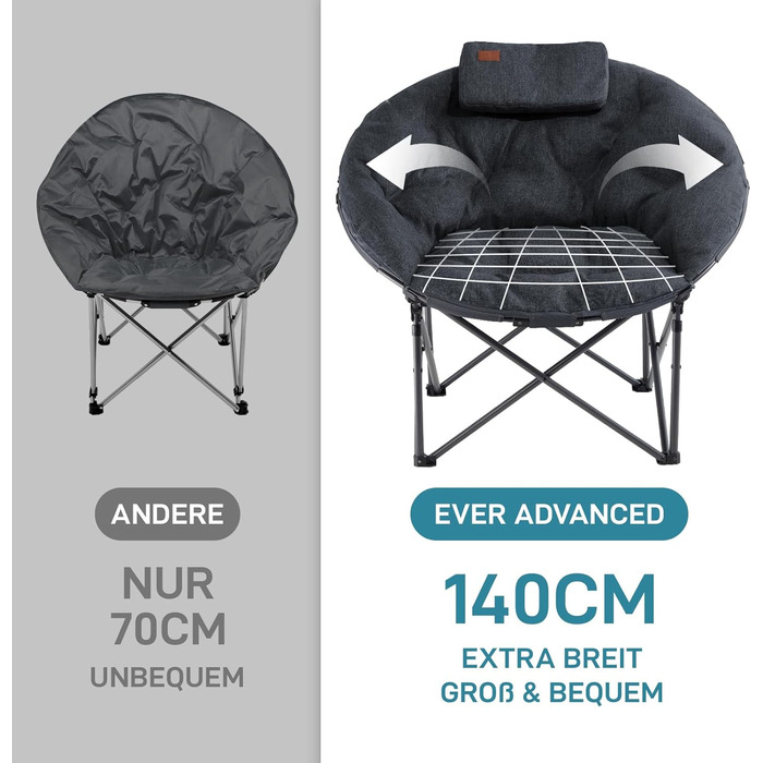 Крісло-місяць EVER ADVANCED Luxus XXL для кемпінгу, складне, до 150 кг, чорне. З подушкою, для саду, балкону, приміщення.