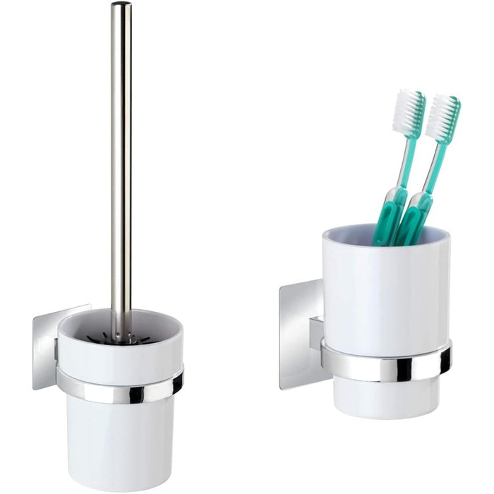 WENKO Turbo-Loc® WC-Garnitur Quadro - WC brush holder, 9.5 x 35.5 x 12 cm, Chrome & Turbo-Loc® toothbrush cup Quadro - toothbrush holder for toothbrush and toothpaste, 7 x 10 x 9.5 cm, Chrome