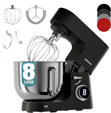 Кухонна машина Heinrichs 2500W з подвійним гаком для тіста, міксером та вінчиком, 8 швидкостей, чаша 8L з нержавіючої сталі, чорна