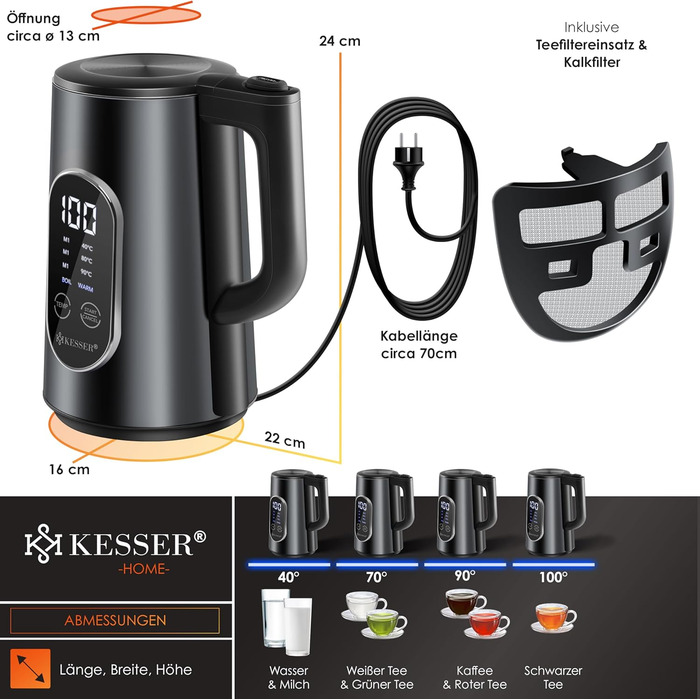 KESSER® Stainless Steel Kettle 1.7 Liter | LED Display | 4-Mode Temperature Setting 40°C-100°C | 30-Minute Keep Warm | Electric Tea Kettle 2200W BPA-Free | Scale Filter & Easy-Open Lid, (Black)