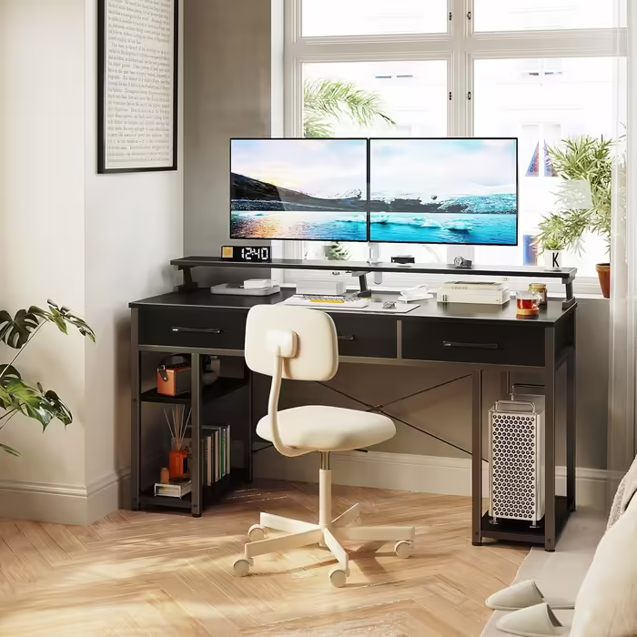 ODK Desk with Drawers, Computer Desk with Shelf, 120x50x90cm Gaming Desk with Monitor Stand, Black Desk, Office Desk, PC Desk for Home Office, Office, Living Room 120 x 50 cm Black