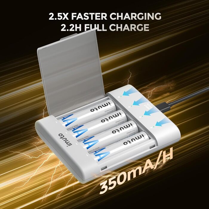 Imuto Акумулятори Li-Ion AA 2500mAh, 8 шт. з зарядним пристроєм, 1.5V, 1600+ циклів, низький саморозряд, 4CH8AA-2500DE