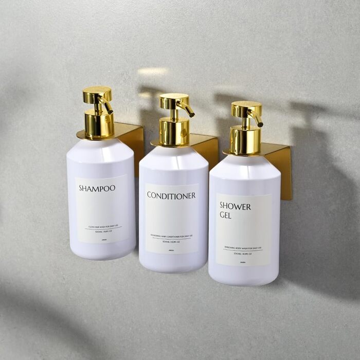 Набір з 3 сеппенсерів для кріплення на стіну, 500 мл, дозатор для шампуню/гелю для душу, чорний, без свердління, для кухні та ванної кімнати (біла пляшка + золотий дозатор)