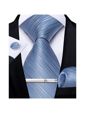 Набір краваток DiBanGu: краватка, нагрудна хустинка, запонки та затискач для краватки. Шовкова краватка в смужку (оливковий/чорний, блакитний/смугастий) для весілля, ділових зустрічей та офіційних заходів. Подарунок для чоловіка.