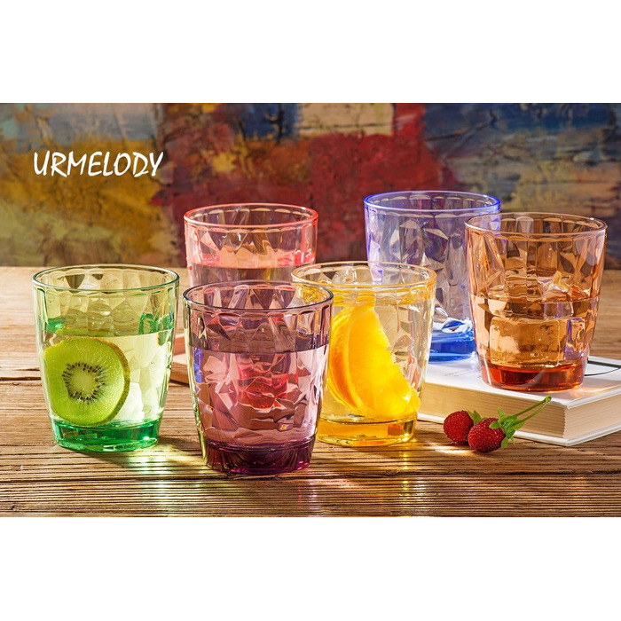 YINJOYI 390ml 6-Piece Set of Glass-Like Water Glasses, Plastic Cups, Drinking Glasses, Tumblers, Highball Glasses, Kids' Juice Glasses, Reusable (6 Colors)