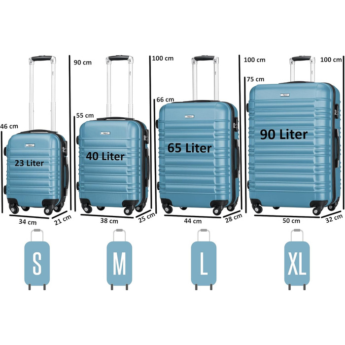Набір валіз Zelsius 4 шт. рожевий колір | ABS, з кодовим замком, 4 колеса, внутрішня перегородка | Ручна валіза, набір валіз, Trolley, велика валіза (сталево-блакитний)