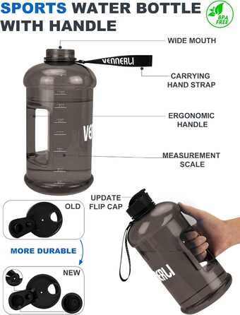 Пляшка для води 2.2л з ручкою, велика портативна пластикова, BPA-free, для спорту, туризму, фітнесу, подорожей, чорна