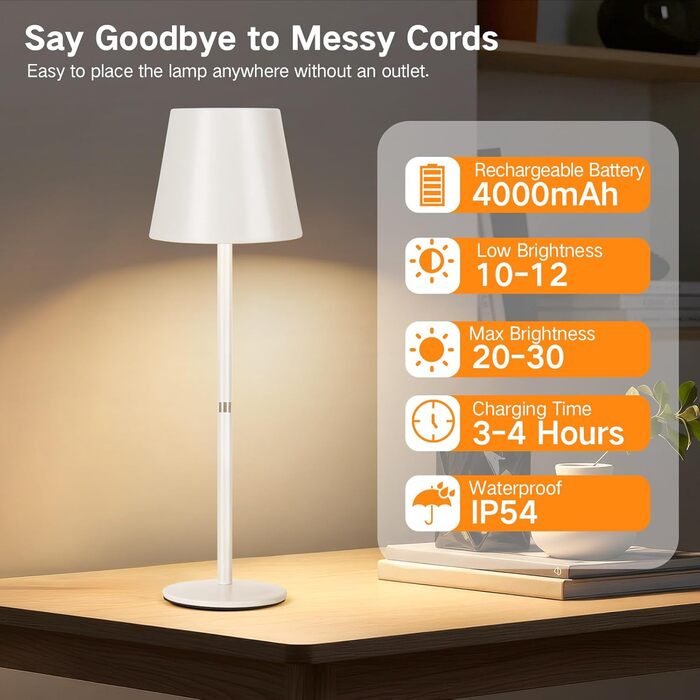 LED-лампа настільна бездротова OUTON (2 шт) з регулюванням яскравості, 3 режими кольору, USB-C зарядка, IP54 вологозахист, 30 годин роботи – для дому та на подарунок, чорний