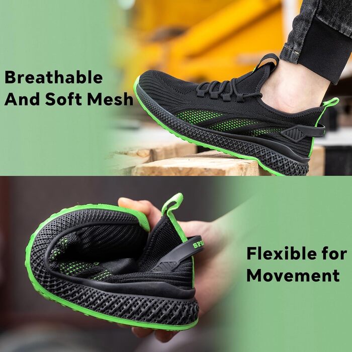 Захисні черевики SPIEZ Unisex з металевим носком, антипрокольні, легкі робочі кросівки для жінок та чоловіків, дихаючі, модні, чорно-зелені, 44 EU
