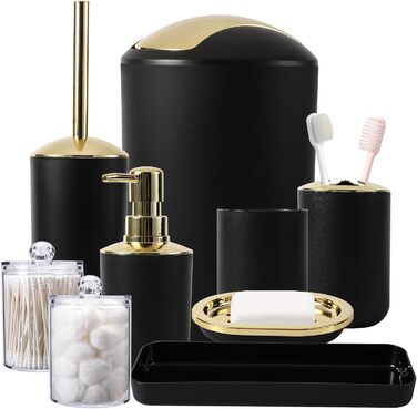9-Piece Bathroom Accessory Set – Trash Can, Soap Dispenser Set, Soap Dish, Toilet Brush Holder, Toothbrush Holder, Cup, Tray, Cotton Swab Holder, Black and Gold