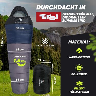 Спальний мішок SKINWALKER 3-4 сезони з знімним флісовим вкладишем, ультралегкий (-1600г), для кемпінгу та піших прогулянок, зимовий/літній, муміє, зелений (сіро-блакитний)