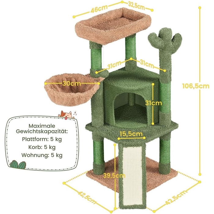 Yaheetech Cat Tree Cactus, Height 106.5 cm, Stable Cat Tree Climbing Tree with Viewing Platform, Cat Cave, Lounging Bed, Sisal Posts, Green/Brown