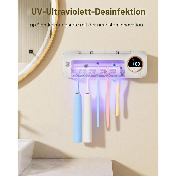 Подвійний стерилізатор для зубних щіток UV-C та UV-A з функцією сушіння повітрям, настінний тримач для ванної кімнати, білий