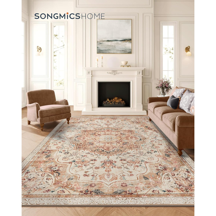 Килимок SONGMICS HOME Vintage, 120x170 см, для вітальні, спальні, кухні, коридору, їдальні, миючий, з антиковзаючим покриттям, TAR032G01 (Cappuccinobeige, 200B x 290L см)