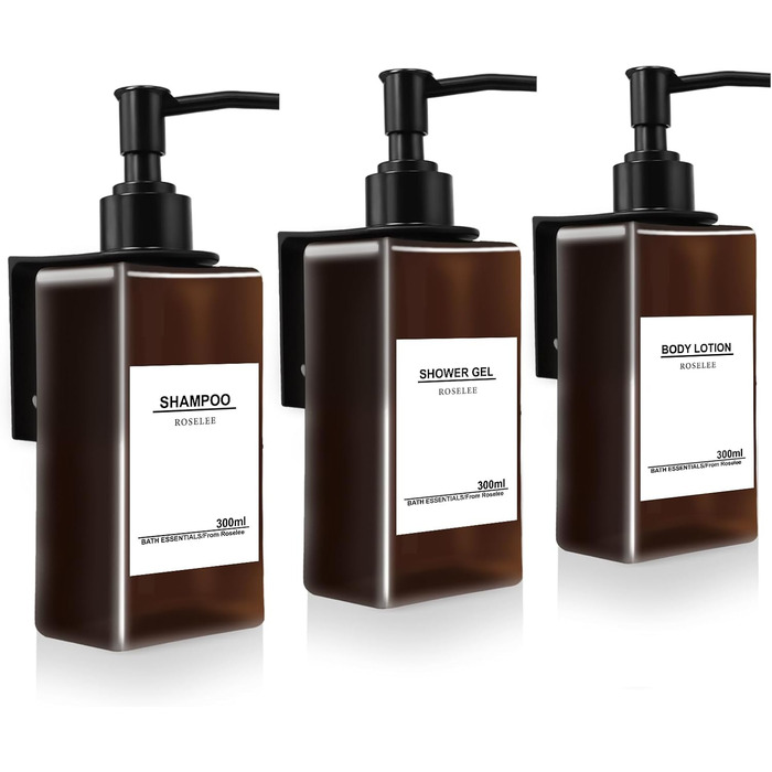 Набір з 3 дозатори мила Roselee для кріплення на стіну, 500 мл, без свердління, для душу, шампуню, гелю для ванни, з етикеткою, для ванної кімнати, кухні (Колір: Коричневий)