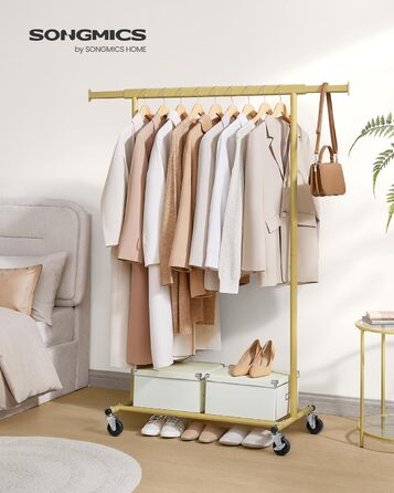 SONGMICS Clothes Rack on Wheels, Heavy-Duty Garment Rack, Extendable Clothes Rod, Load Capacity up to 100 kg, Easy Assembly, Portable, HSR13S (Pale Gold, (92-132) cm Width)