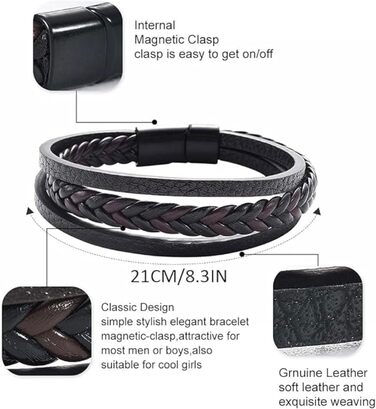 Чоловічий браслет з натуральної шкіри, плетіння ручної роботи. Браслет для чоловіків зі сталевою застібкою, шкіряний браслет з телячої шкіри, широкий браслет з магнітною застібкою.