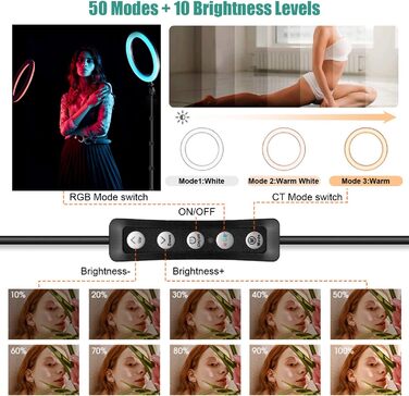 Кільцева лампа Ringlicht з штативом для телефону, 10 дюймів, 3 денне світло + 47 RGB режимів, регульована яскравість, 160 см, для YouTube, селфі, макіяжу, TikTok