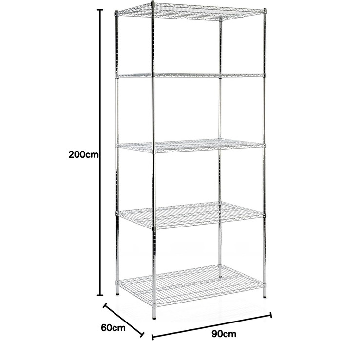 Floordirekt Kitchen Shelf, Grid Shelf, Metal Shelf | Load capacity approx. 70kg per level Multifunctional storage shelf, bathroom shelf, storage shelf, cellar shelf Chrome (60x35x90cm | 3 shelves) Everest (90 x 60 x 200 cm | 5 shelves)