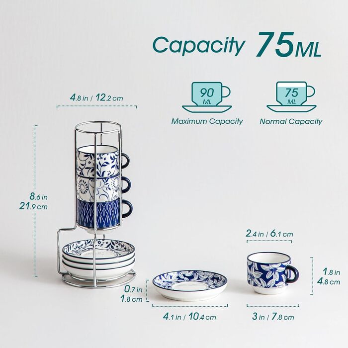 Набір чашок для еспресо Vancasso SELENE з блюдцем та підставкою, 4 шт, 90 мл, блакитно-білий, кераміка