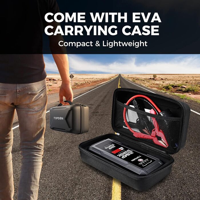 TOPDON JS2000 Powerbank-пускозарядний пристрій: 2000A, 16000mAh, для бензинових та дизельних двигунів до 8L/6L, вбудований LED, комплект з кабелями та EVA-сумкою